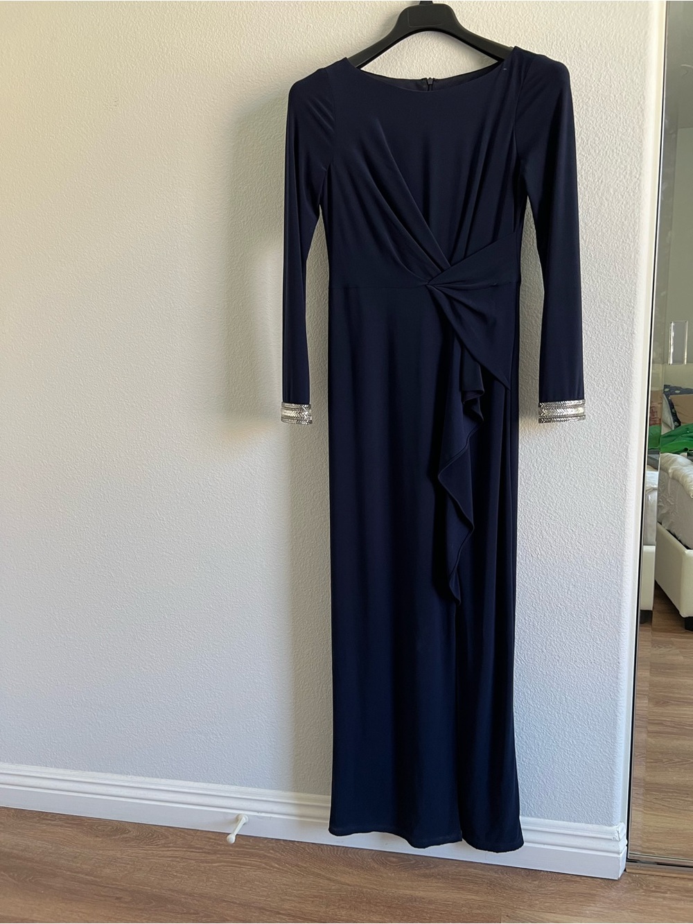 Vince Camuto Navy Long-Sleeve Maxi Dress with Beaded Cuffs